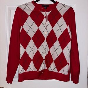 Lands' End Red & White  Cotton Cardigan Sweater Small
